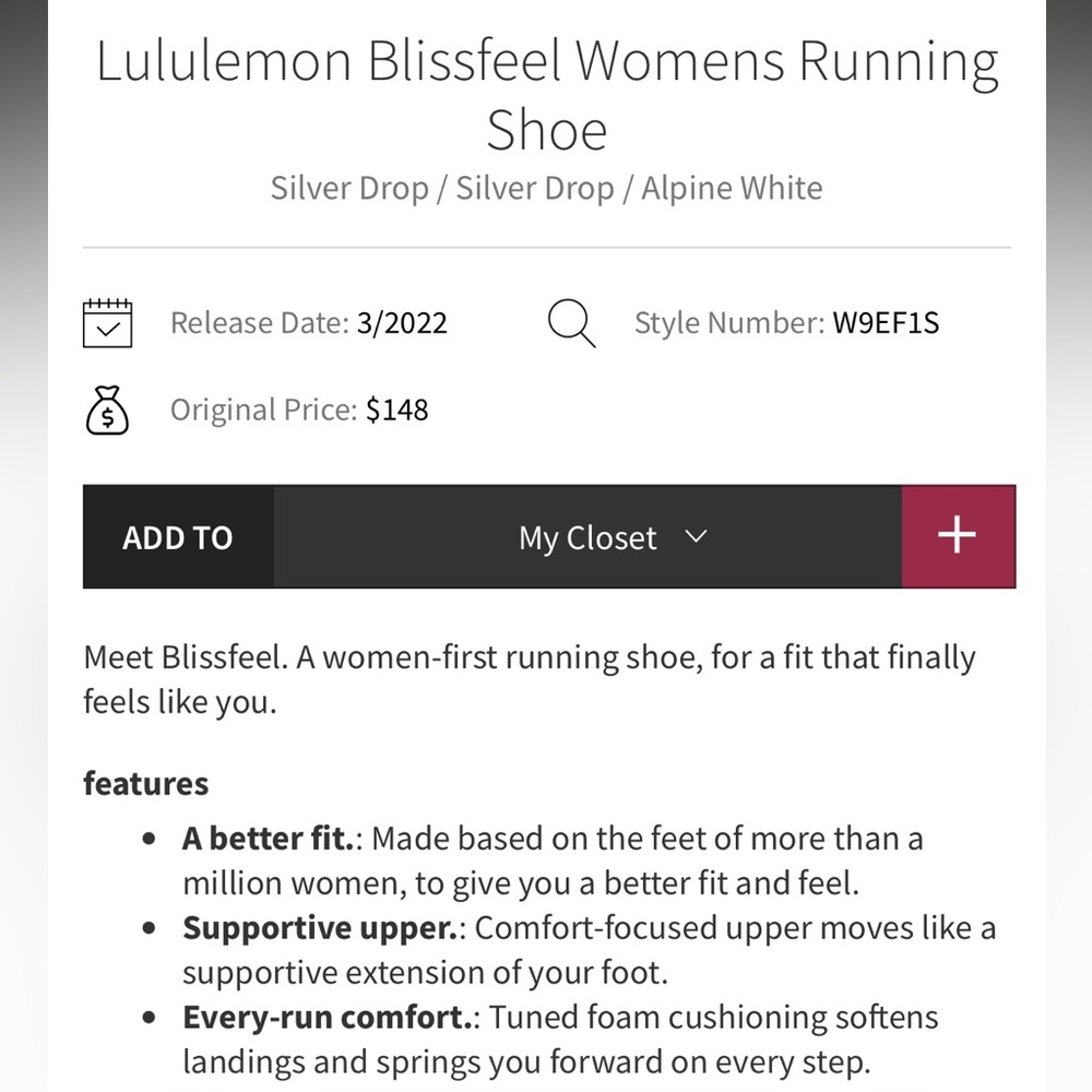Lululemon Blissfeel Womens Running Shoe
Silver Drop / Silver Drop / Alpine White - Picture 3 of 16